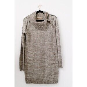 Prana L Tan Sweater Dress ARCHER Shawl Cowl Neck Mini Knit Pockets